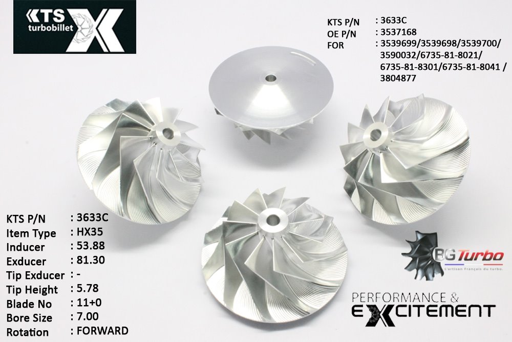 Turbo ROUE FORGÉE MFS PERFORMANCE - 11+0 PALES - INDUCER : 53,88 - EXDUCER : 81,3 - TYPE : HX35ANGLE : 40° - ROTATION : Forward - SUPER BACK : 5,01 - BORE SIZE : 7
